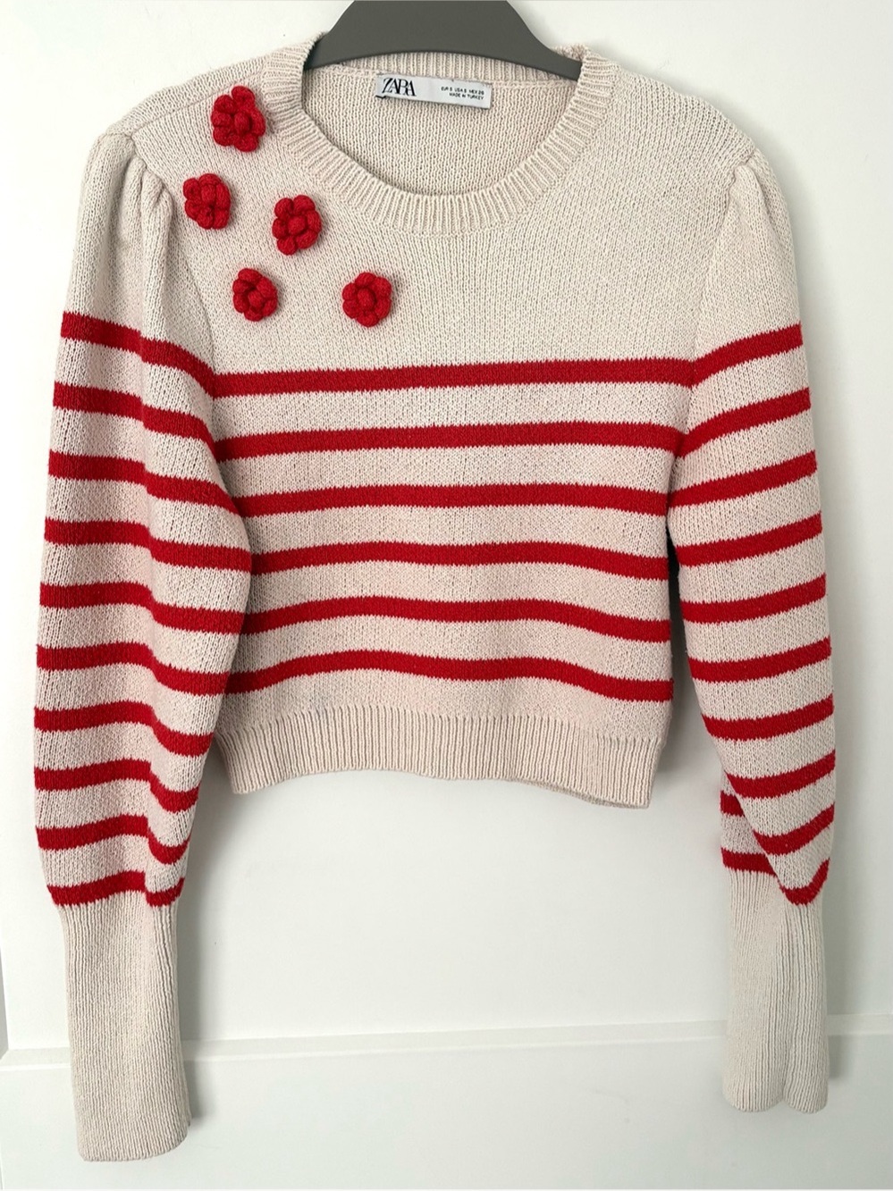 • ZARA Striped Cropped Knit Sweater with Red Rosette Accents Size S